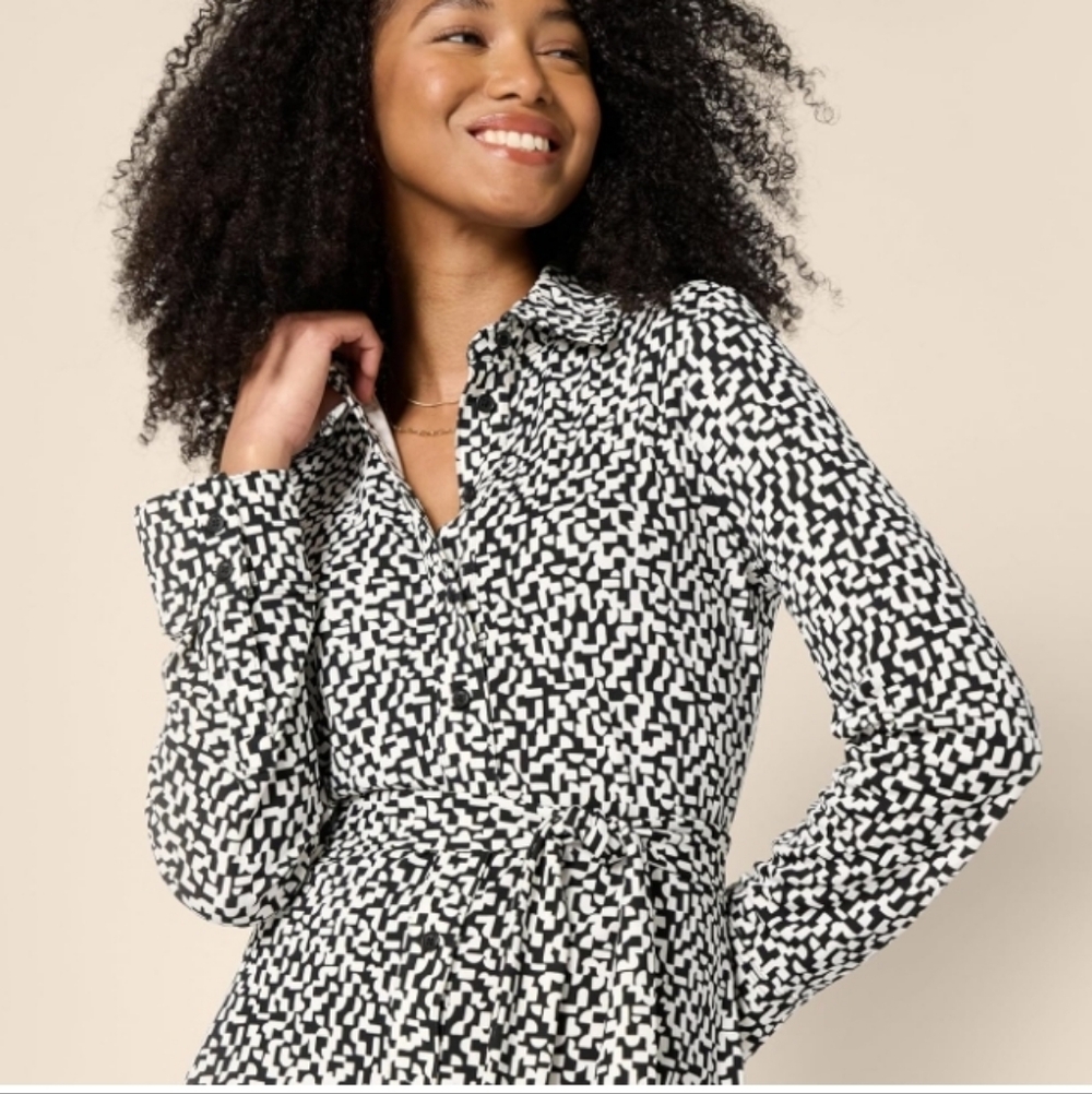 Black & White Geometric Long Sleeve Shirt Dress